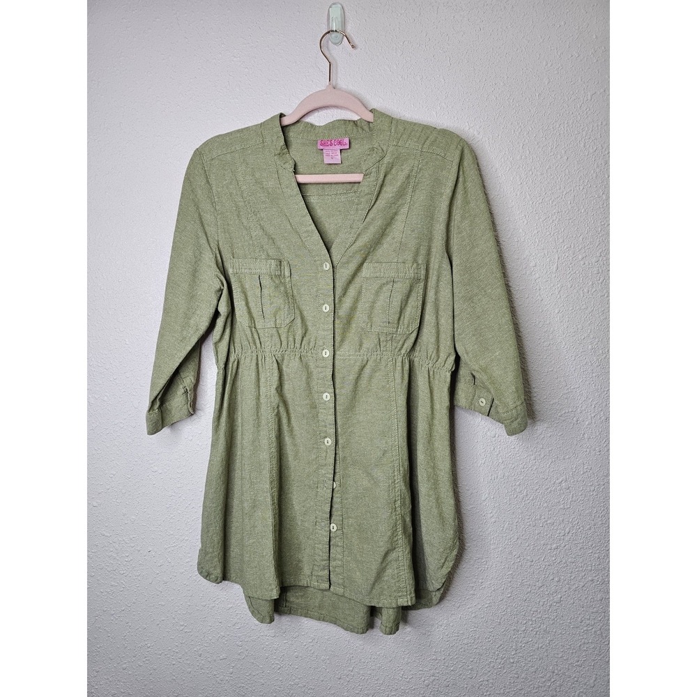 Shes Cool Sage Green Cotton Button Front Empire Waist Roll Tab Tunic Top 1X Y2K
